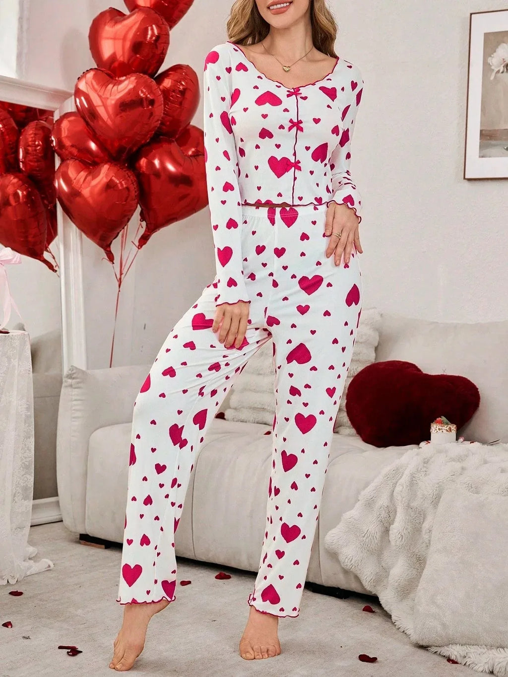 Ribbed Heart Print Pajama Set - View 9 | TEVQA