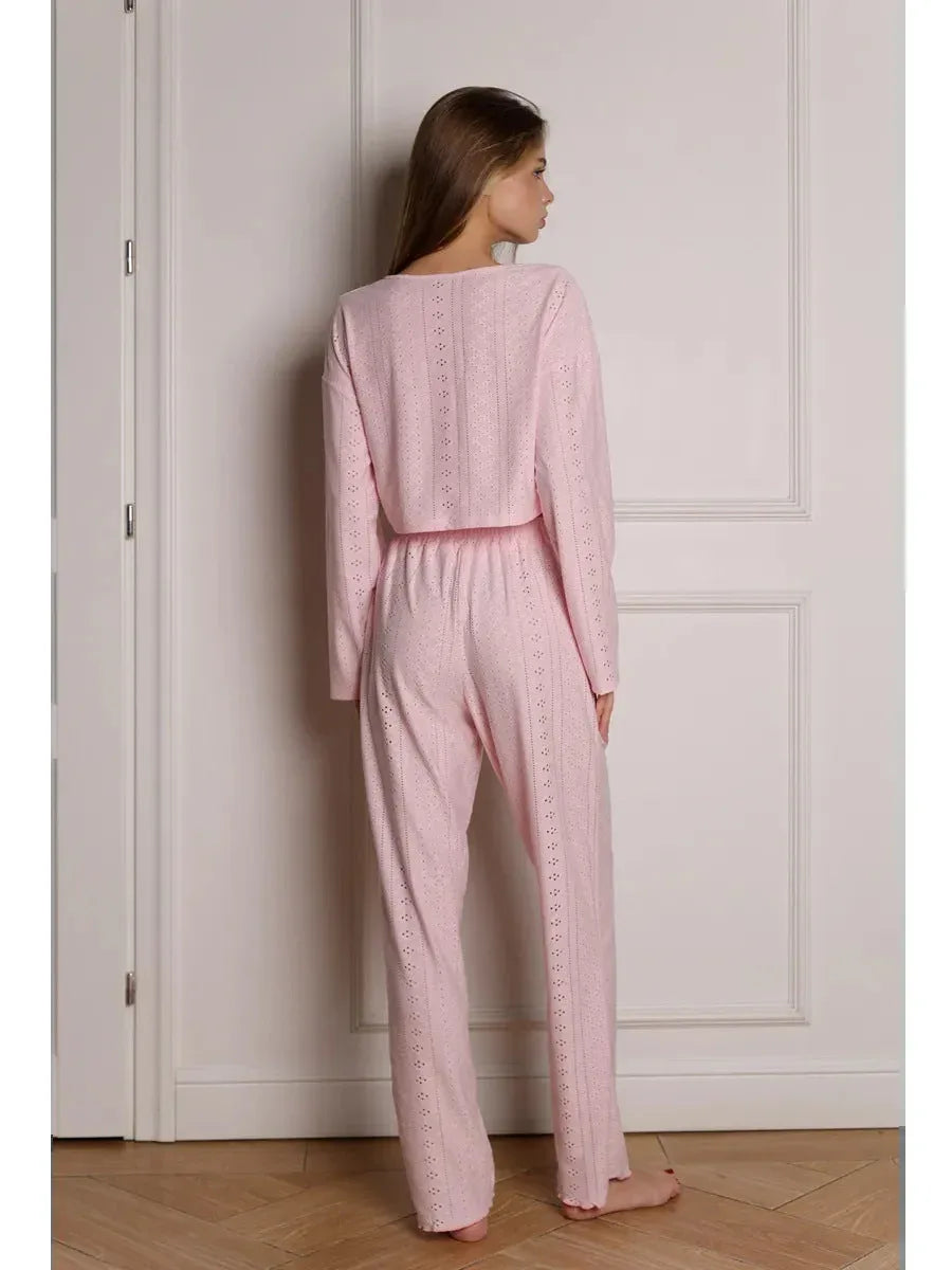 Coquette Aesthetic Pink Eyelet Lounge Set - TEVQA