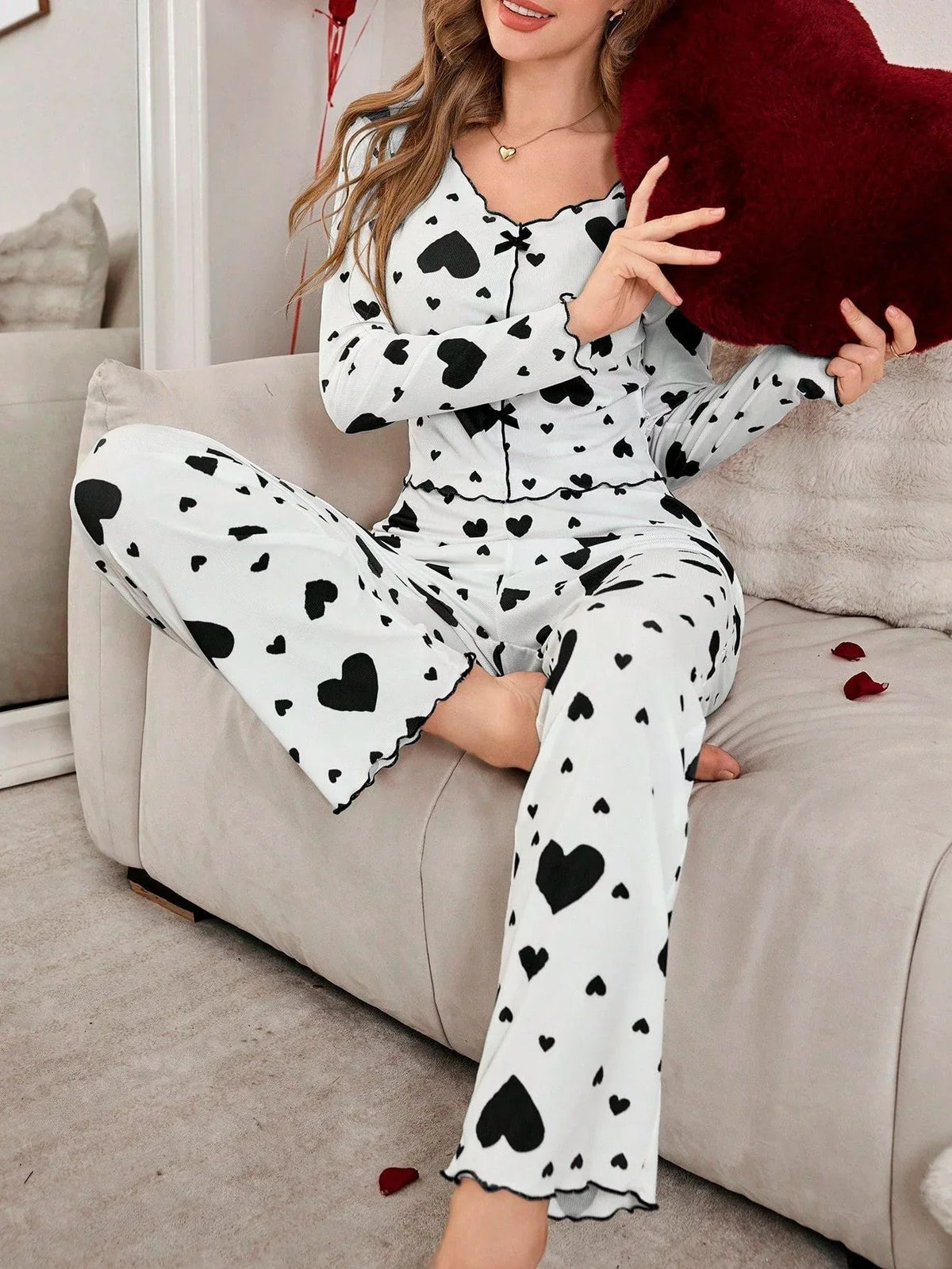 Ribbed Heart Print Pajama Set - View 13 | TEVQA
