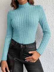 Slate Blue Ribbed Mock Neck Knit Top - View 9 | TEVQA