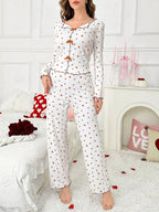 Ribbed Heart Print Pajama Set - View 16 | TEVQA