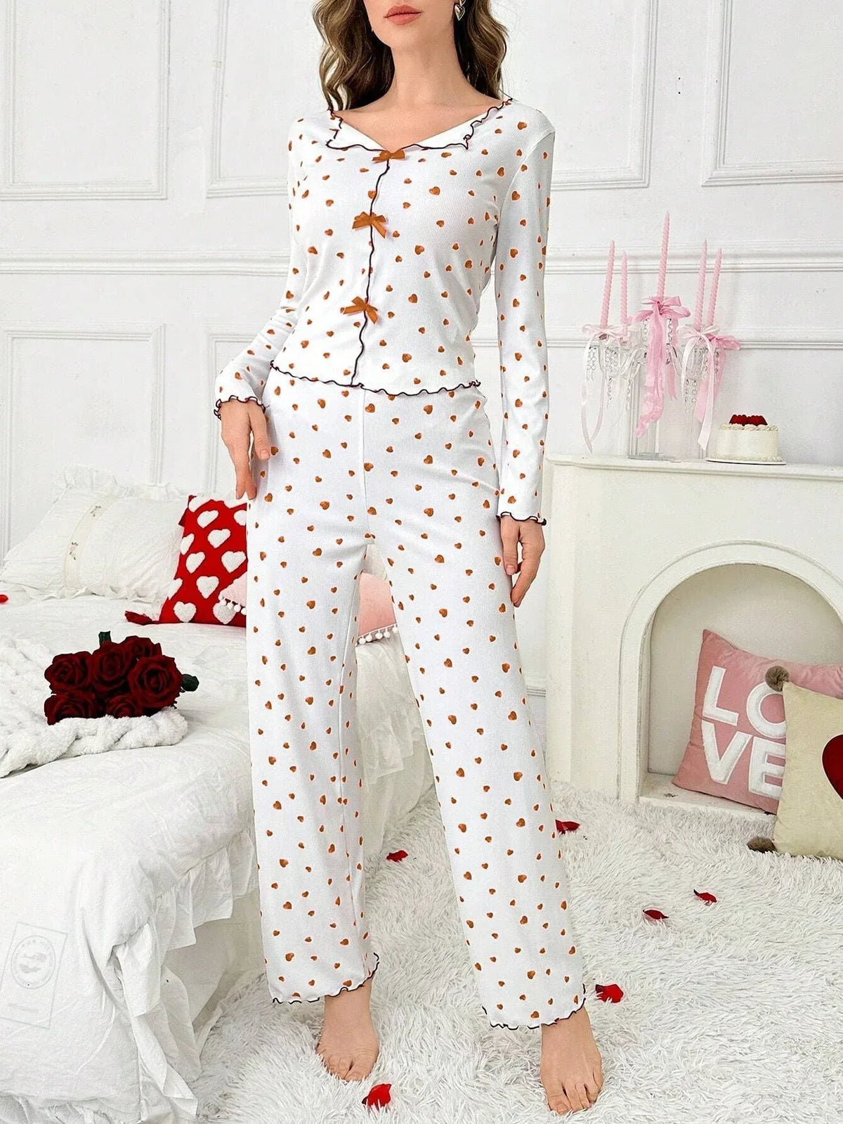 Ribbed Heart Print Pajama Set - View 16 | TEVQA