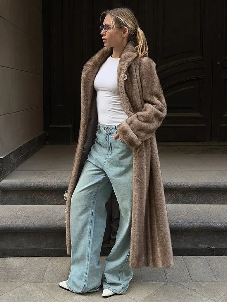 Vintage Mink Texture Faux Fur Long Coat - TEVQA