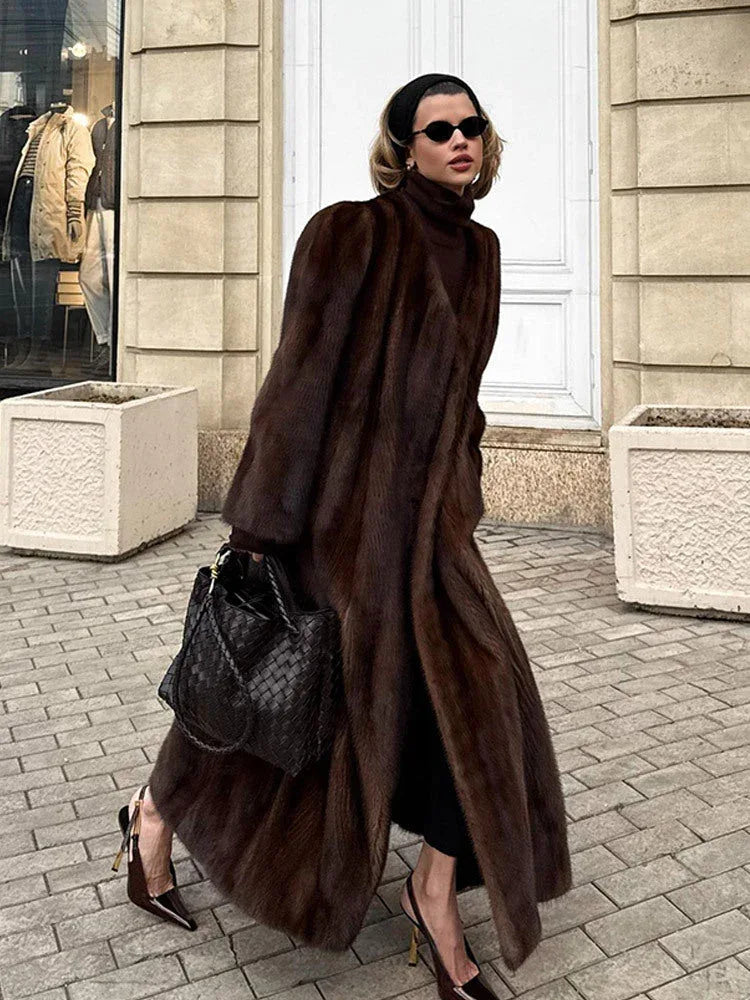 Regal Espresso Faux Sable Maxi Coat - View 7 | TEVQA