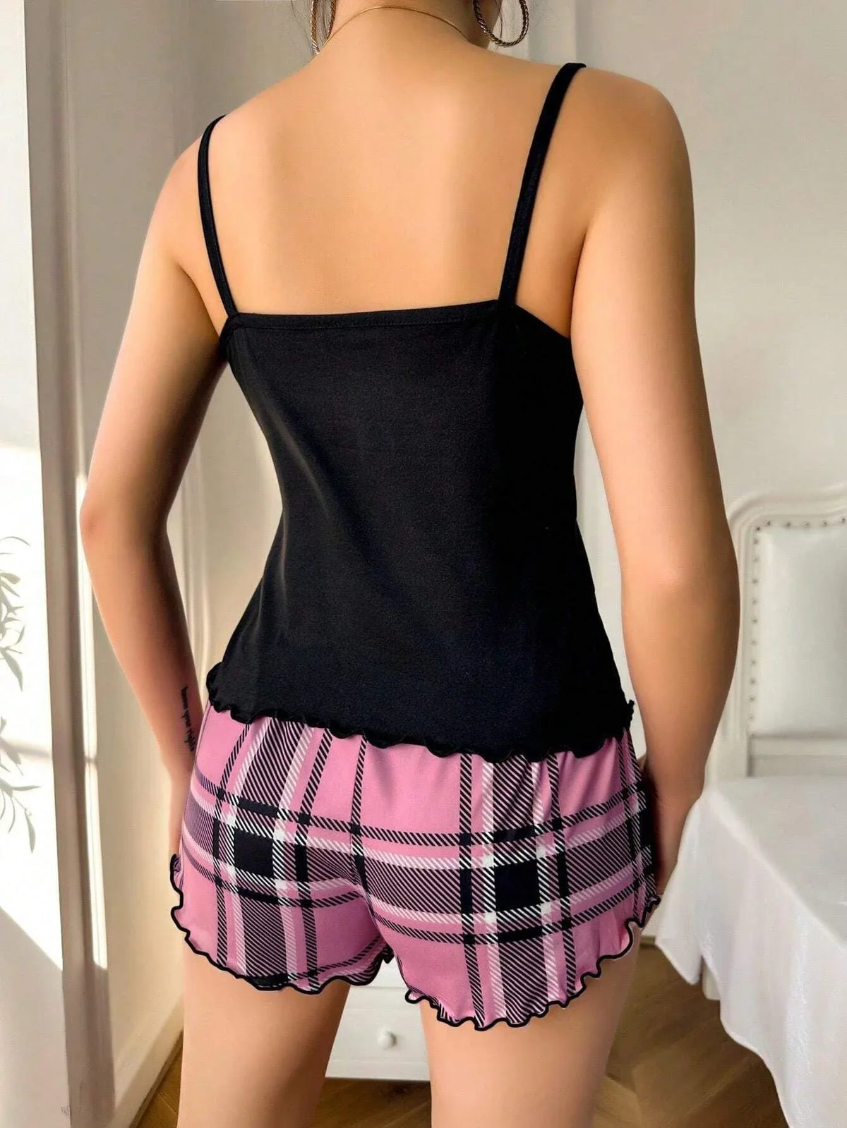 Plaid Heart Print Cami & Shorts Set - View 8 | TEVQA