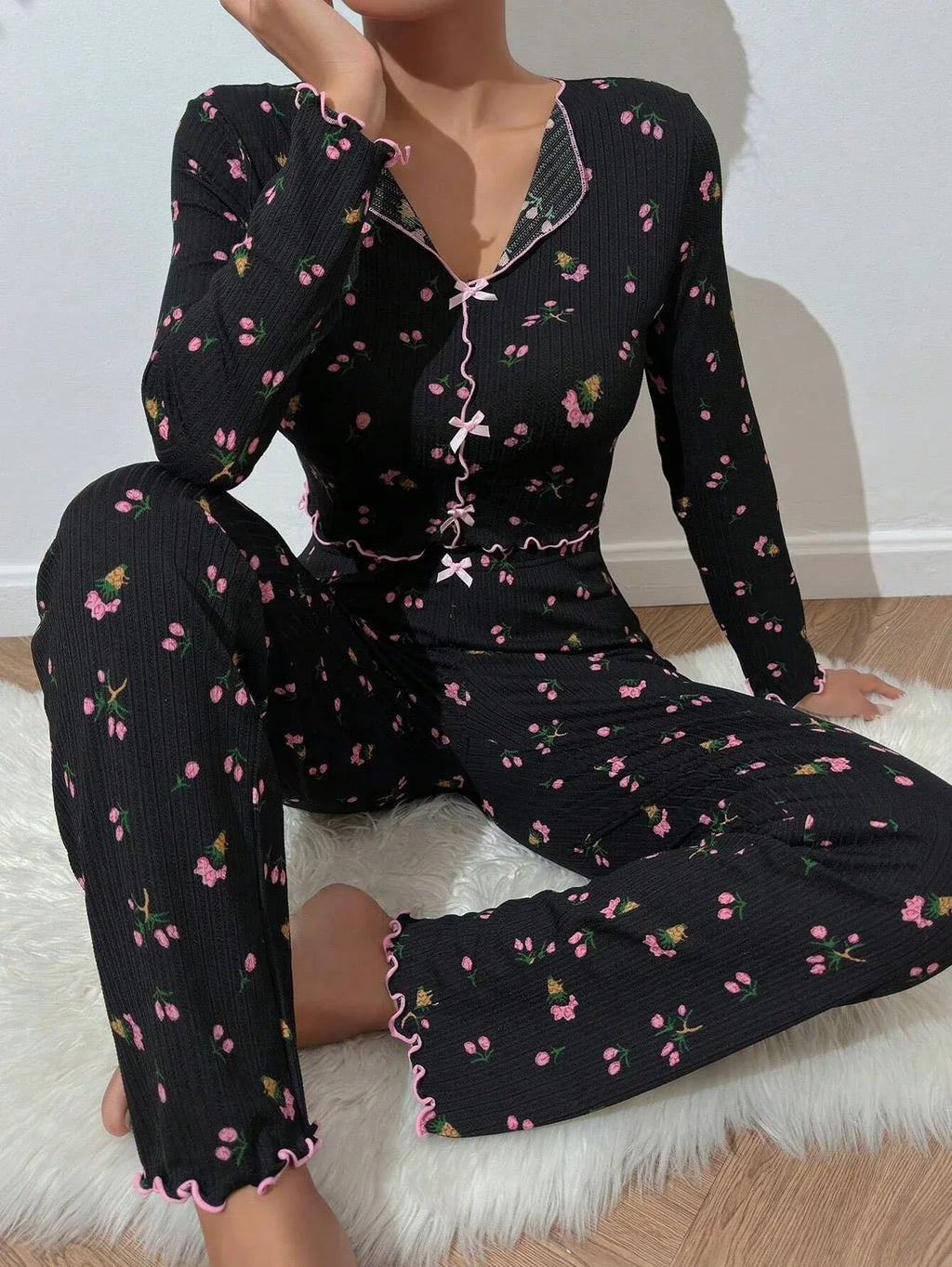 Tulip Floral Ribbed Henley Pajama Set - TEVQA