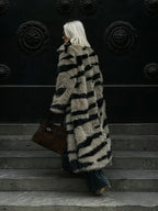 Vintage Zebra Stripe Faux Fur Long Coat - TEVQA