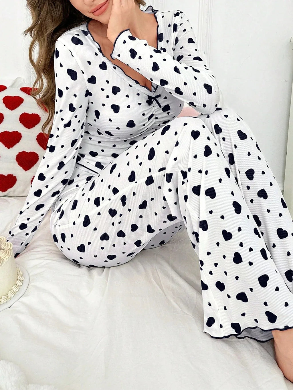 Ribbed Heart Print Pajama Set - View 7 | TEVQA