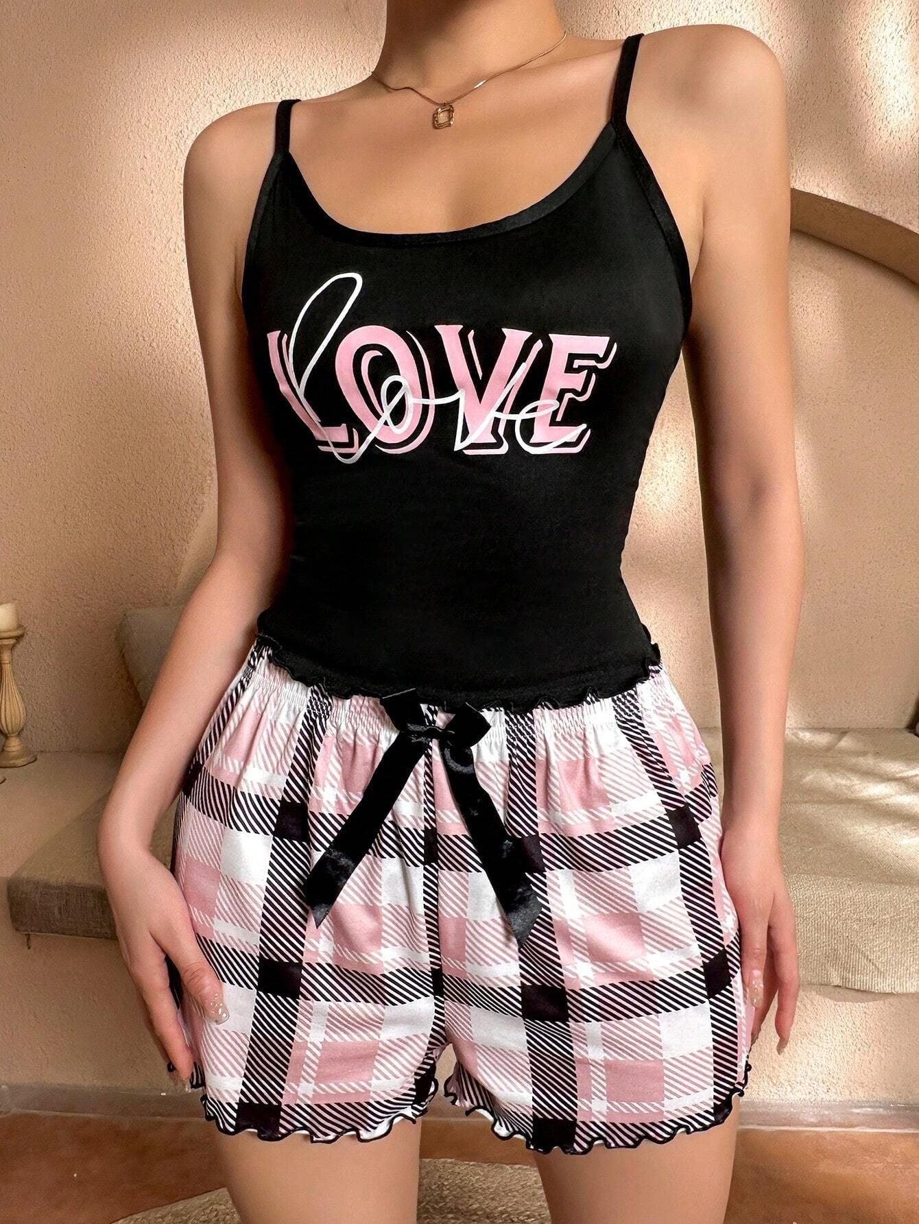 Coquette "Love" Graphic Cami & Plaid Shorts Set