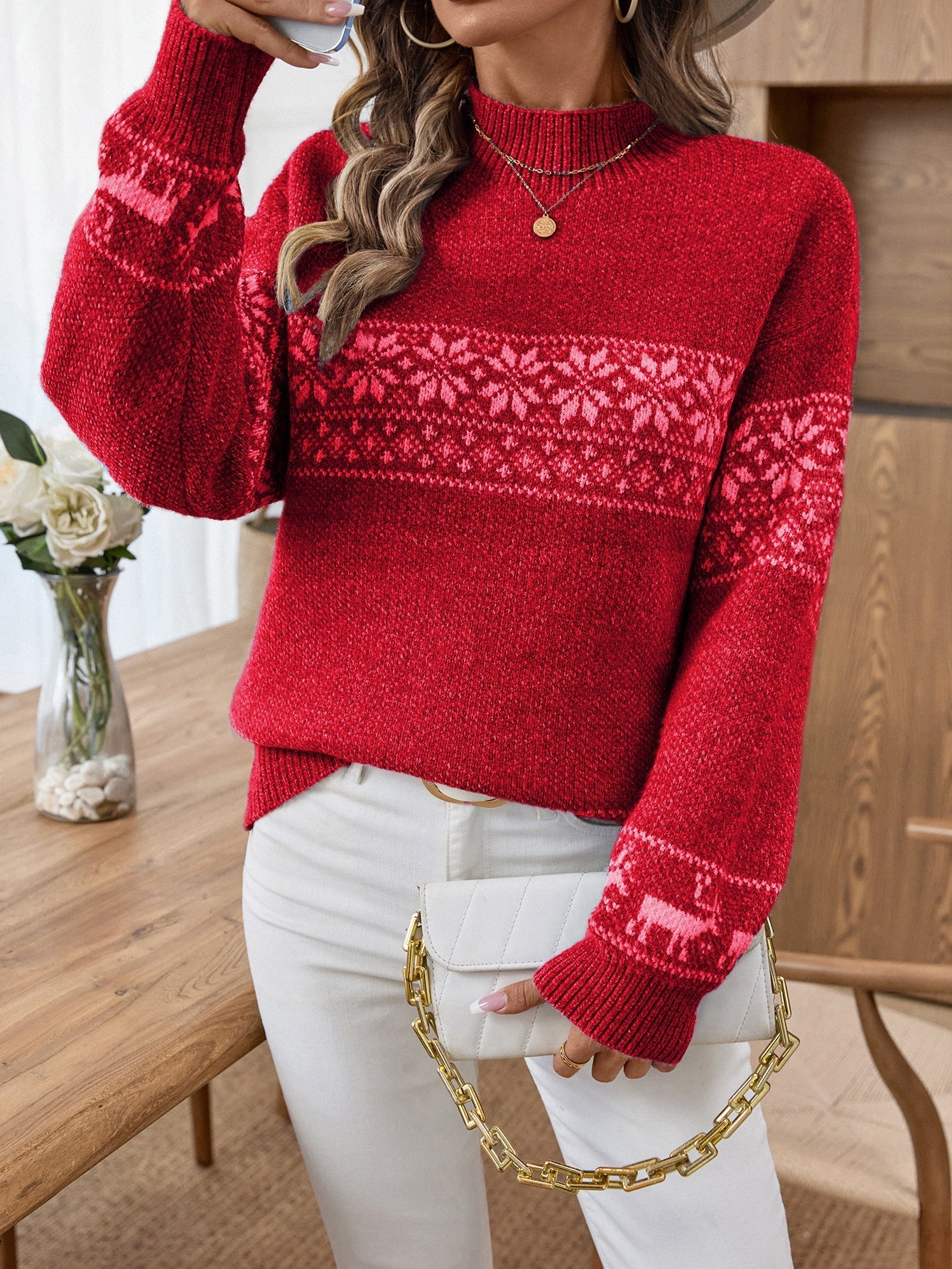 Festive Nordic Snowflake Mock Neck Sweater