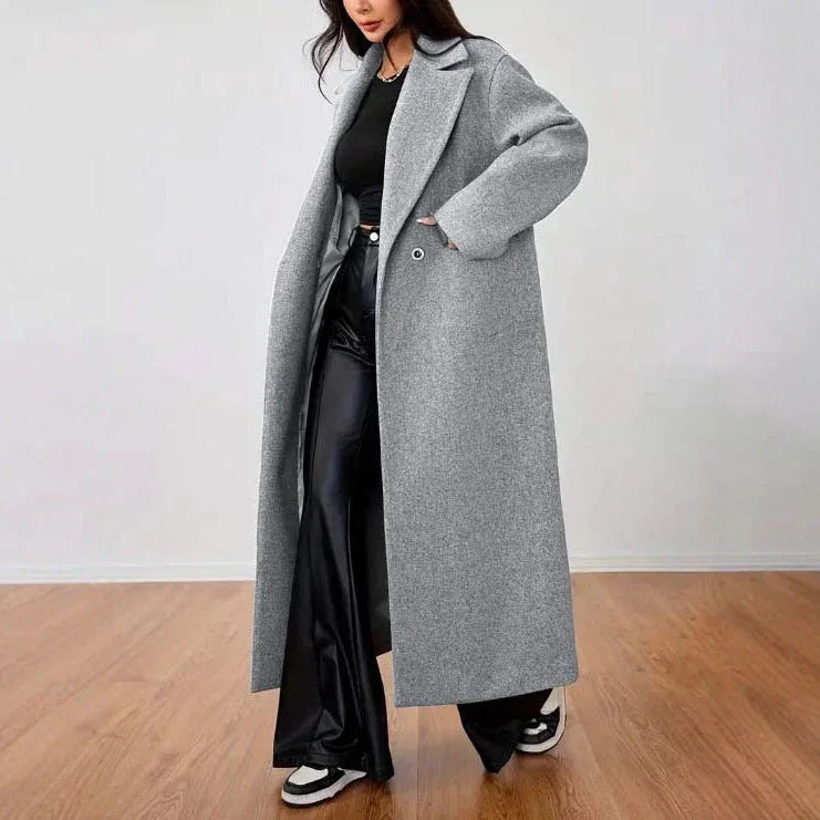 The Manhattan Grey Oversized Lapel Long Coat - TEVQA
