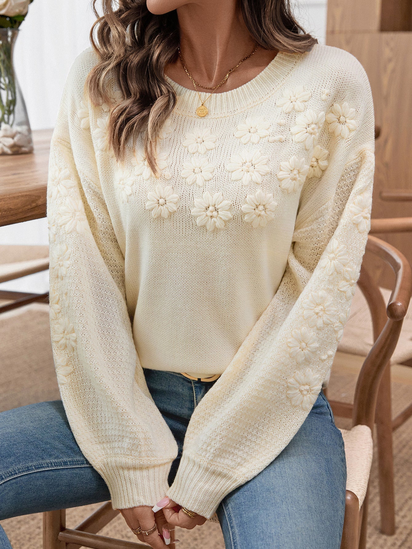 Whimsical 3D Daisy Embroidered Sweater