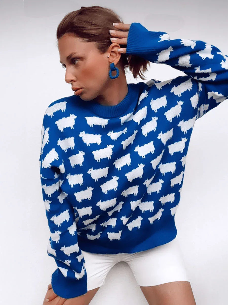 Whimsical Sheep Jacquard Knit Sweater - TEVQA