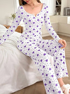 Ribbed Heart Print Pajama Set - View 32 | TEVQA