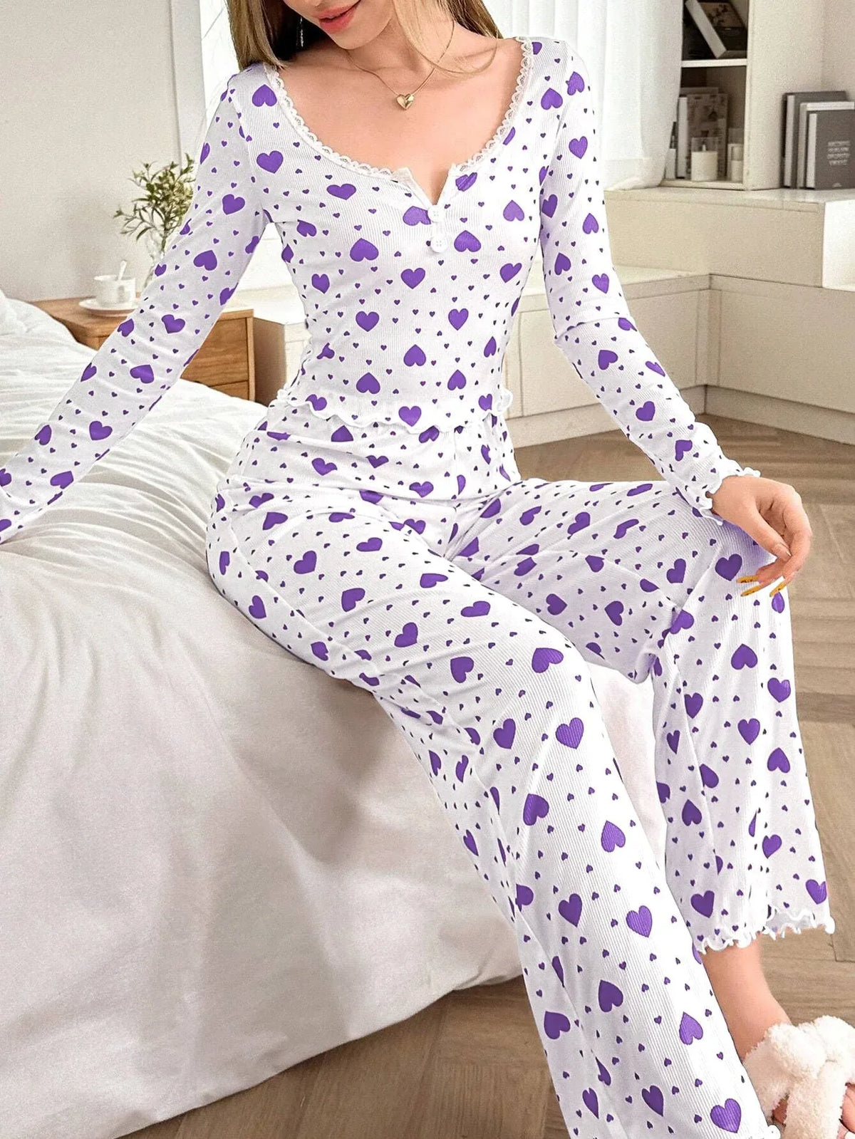 Ribbed Heart Print Pajama Set - View 32 | TEVQA