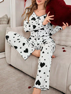 Ribbed Heart Print Pajama Set - View 38 | TEVQA