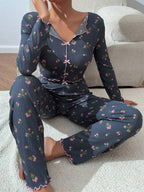 Tulip Floral Ribbed Henley Pajama Set - TEVQA