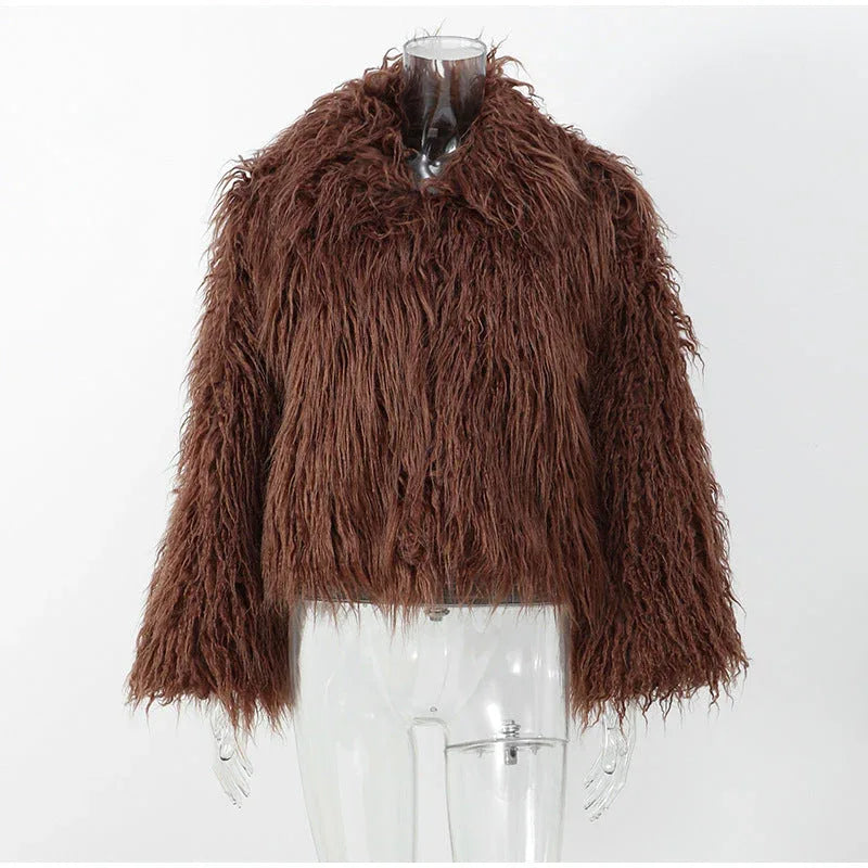 Vamp Burgundy Shaggy Faux Fur Cropped Jacket - TEVQA