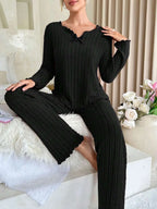 Ribbed Pajama Set with Contrast Trim - View 8 | TEVQA