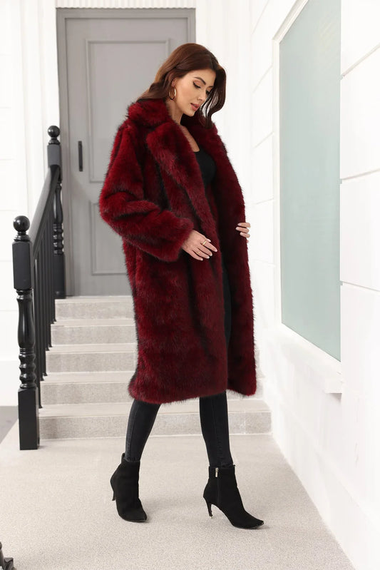 Burgundy Royale Long Faux Fur Lapel Coat - TEVQA