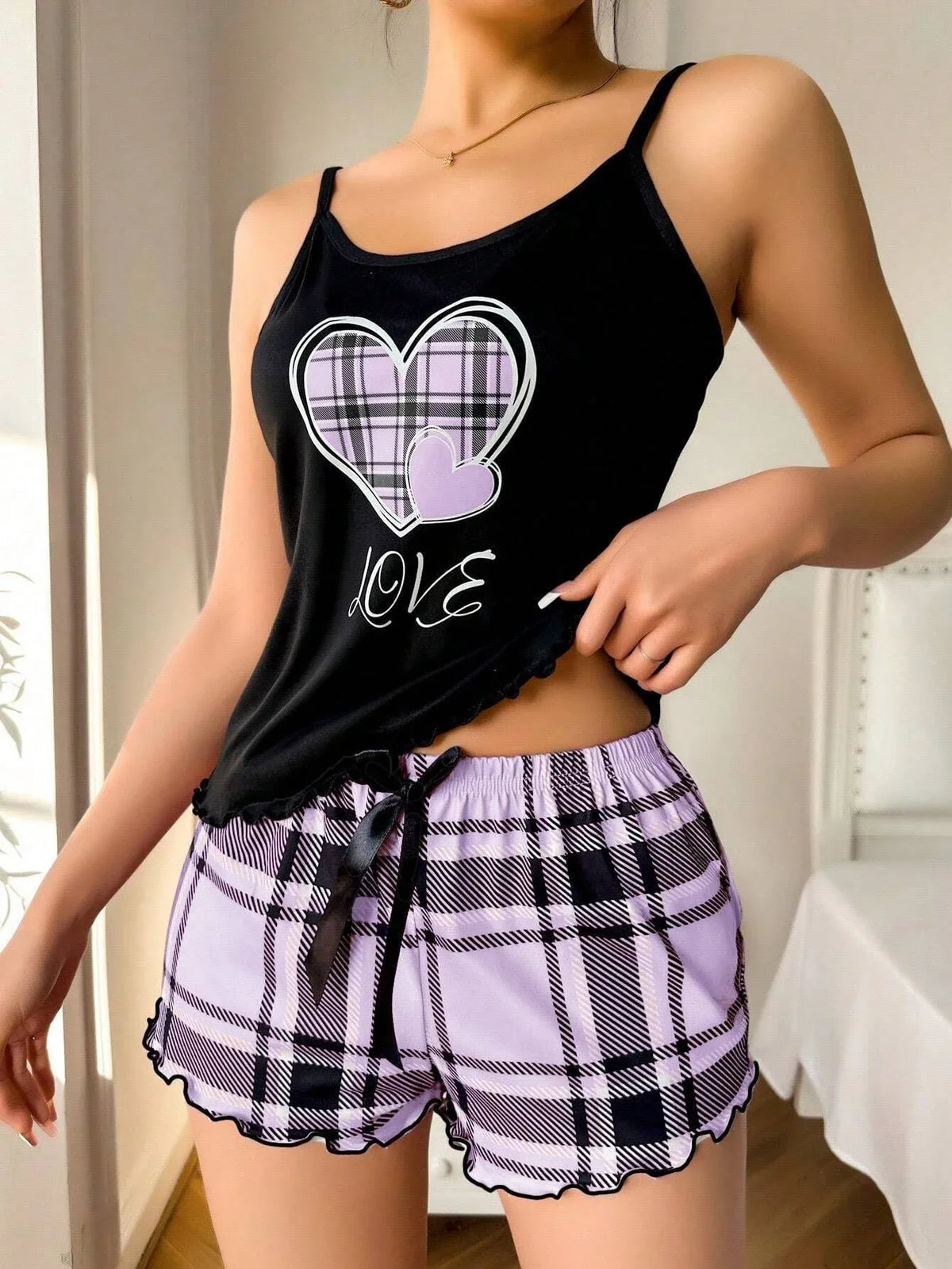 Plaid Heart Print Cami & Shorts Set - View 21 | TEVQA