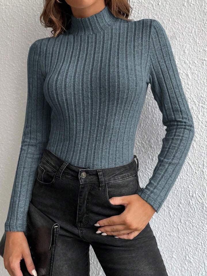 Slate Blue Ribbed Mock Neck Knit Top - View 8 | TEVQA