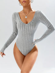 Heather grey ribbed knit V-neck long sleeve bodysuit - View 7 | TEVQA