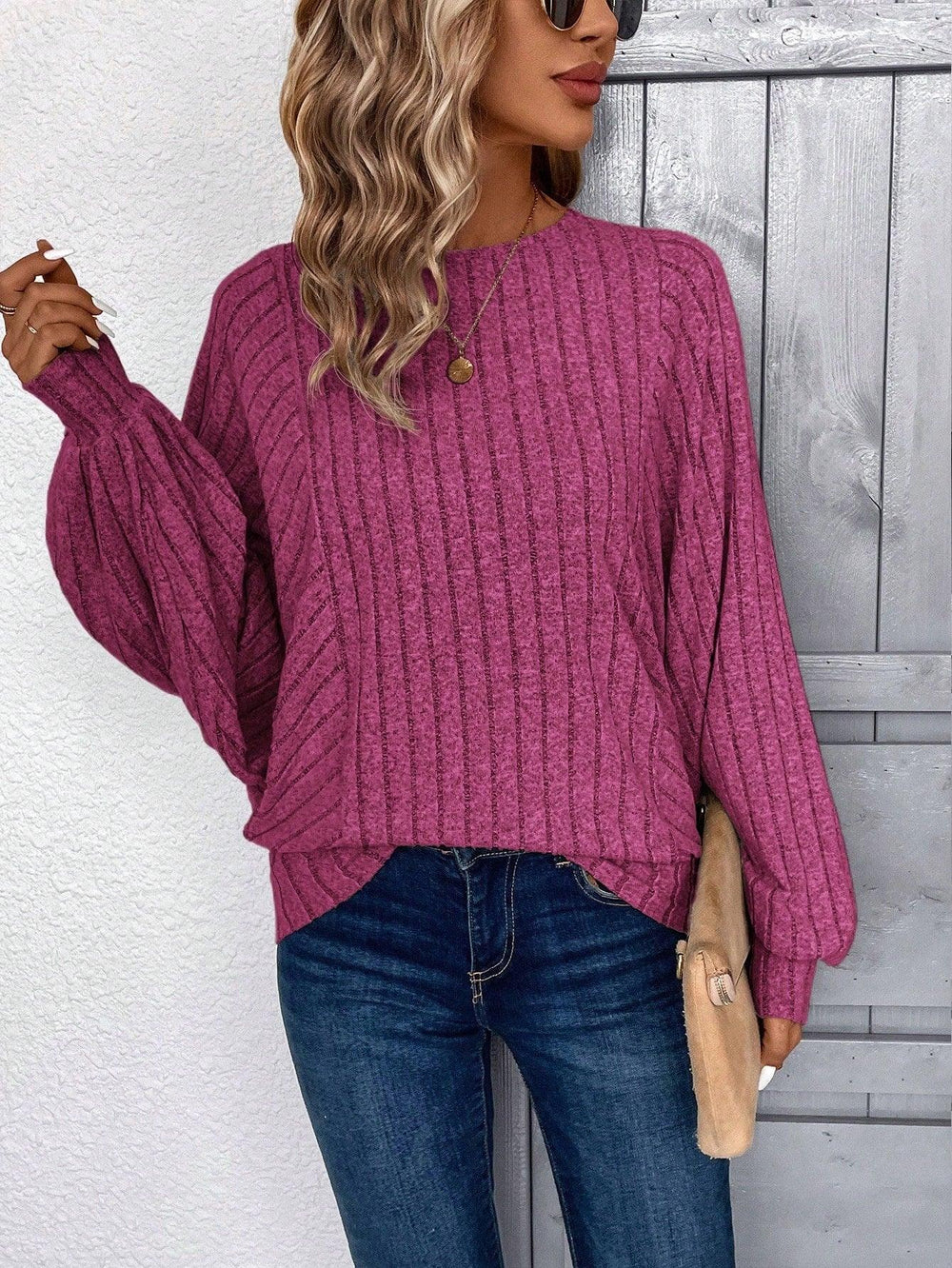Ribbed Batwing Sleeve Knit Top - View 6 | TEVQA