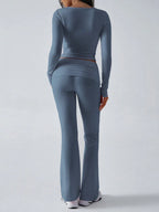 V-Neck Crop Top and Fold-Over Flare Pants Set - View 24 | TEVQA