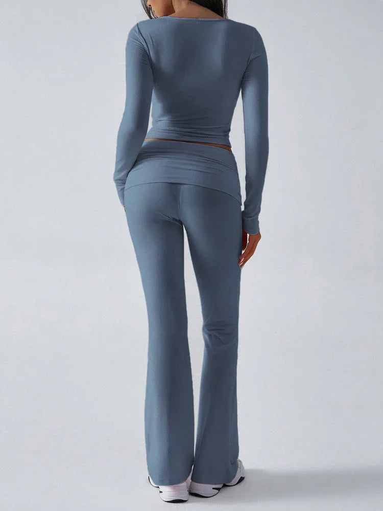 V-Neck Crop Top and Fold-Over Flare Pants Set - View 24 | TEVQA