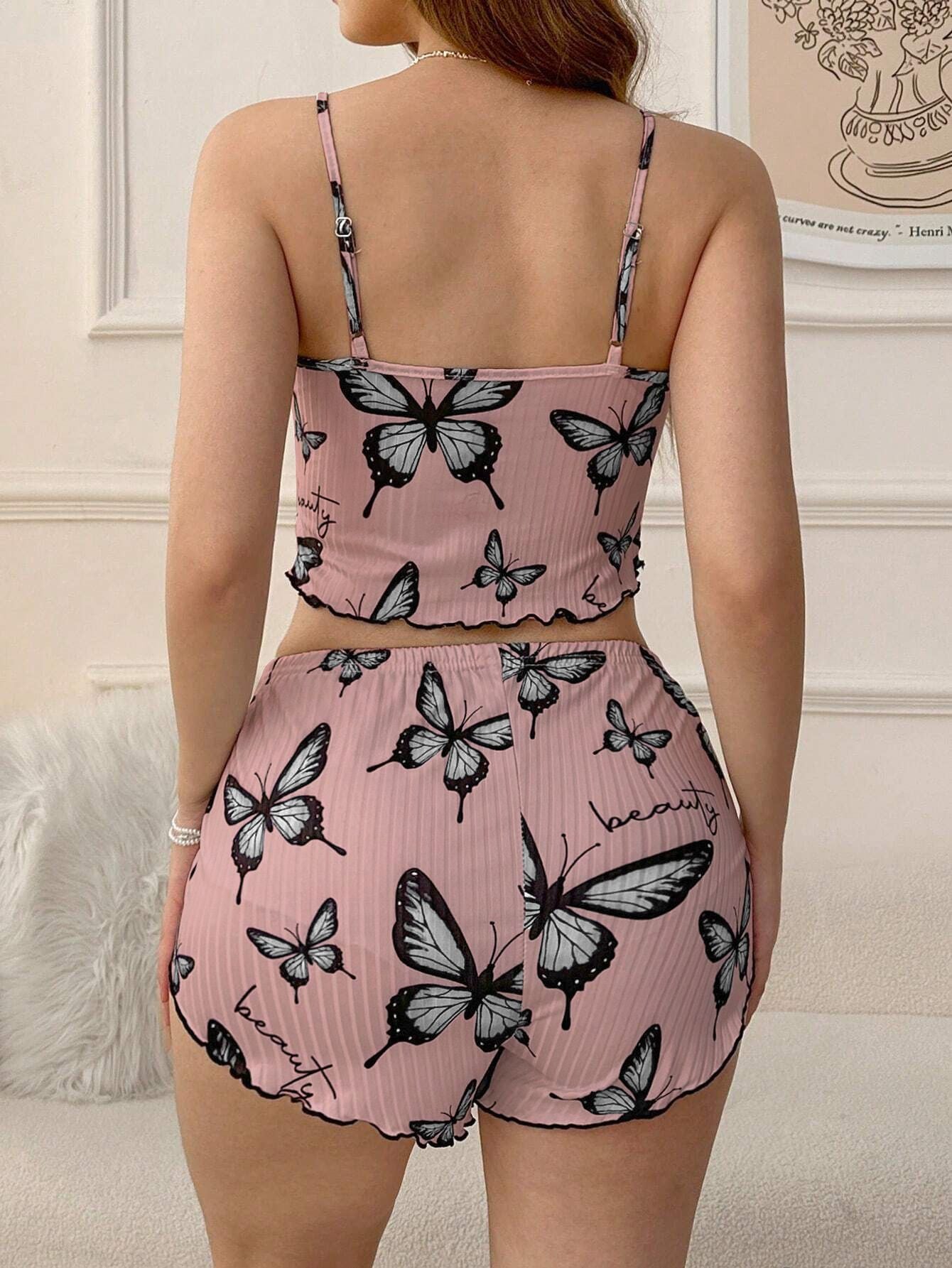 Blue Butterfly Print Ribbed Cami & Shorts Set