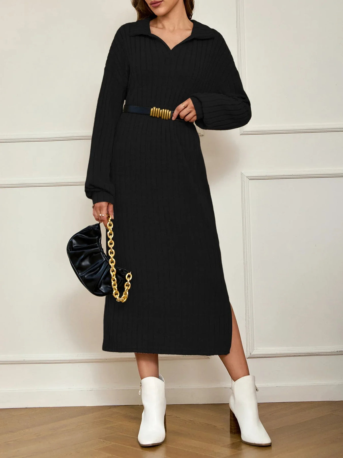 Ribbed Knit Polo Maxi Dress - View 7 | TEVQA