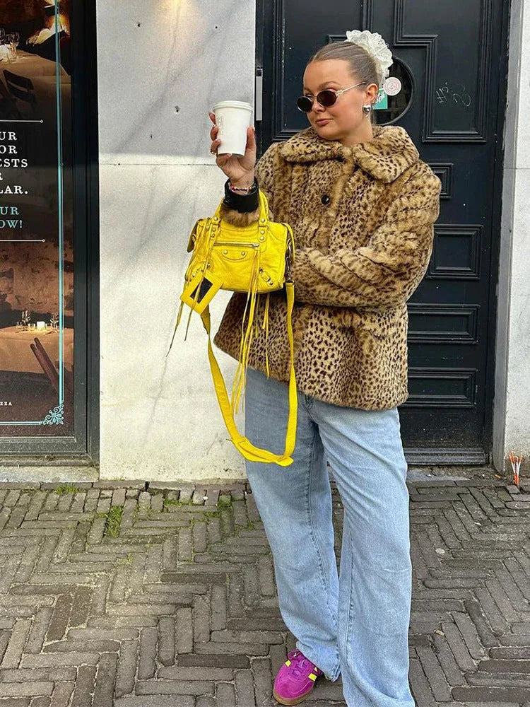 Vintage Leopard Print Faux Fur Jacket - TEVQA