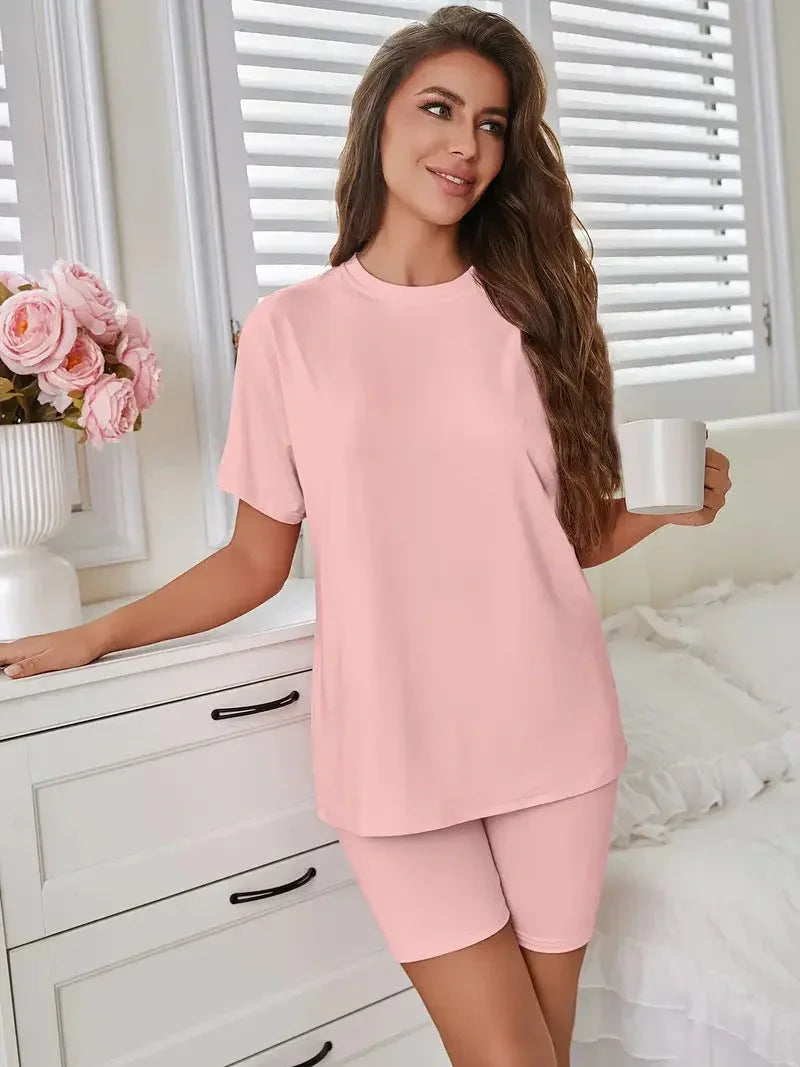 Oversized crew neck t-shirt and biker shorts lounge set - View 16 | TEVQA