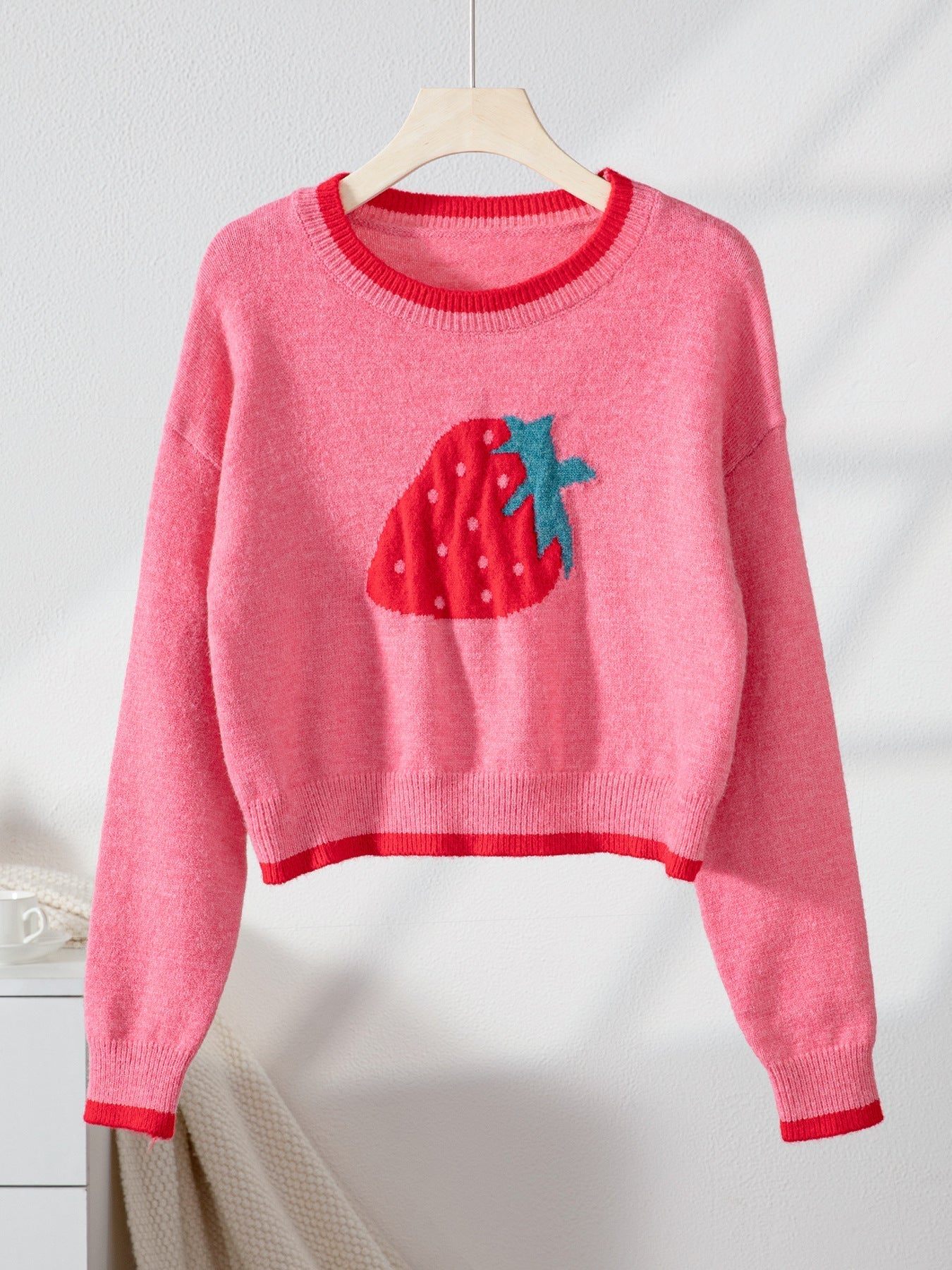 Sweet Strawberry Jacquard Crop Sweater