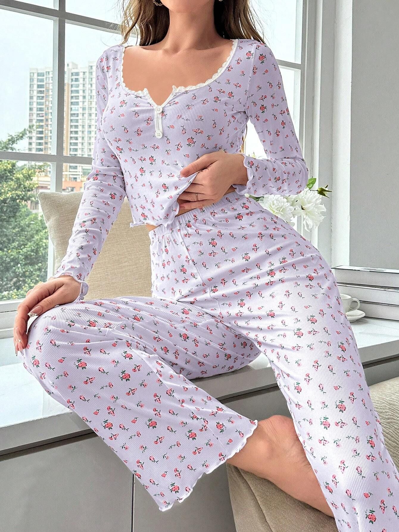 Coquette Ditsy Floral Ribbed Henley Pajama Set