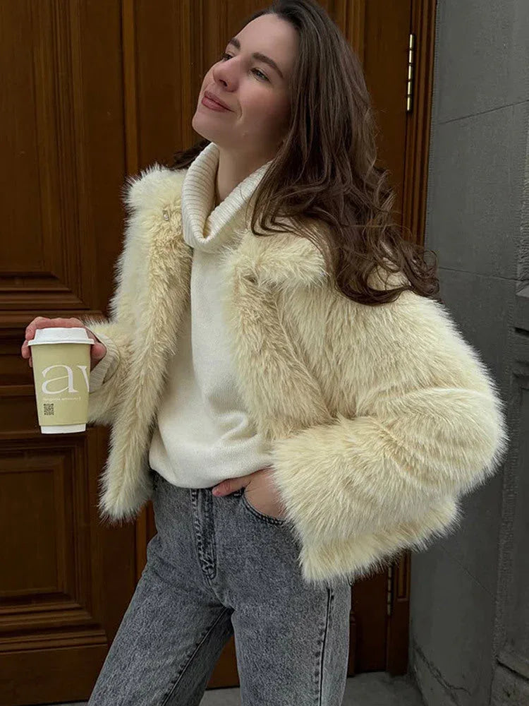 Cream plush faux fur cropped jacket - View 6 | TEVQA