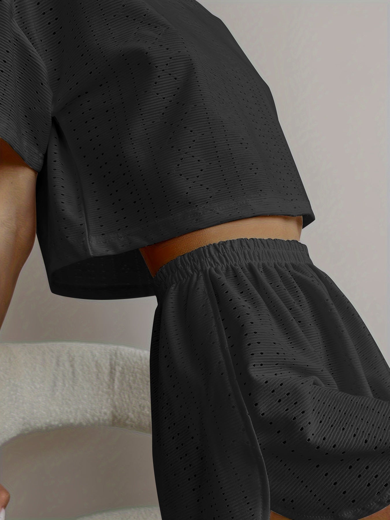 White Hollow Out Eyelet Lounge Set