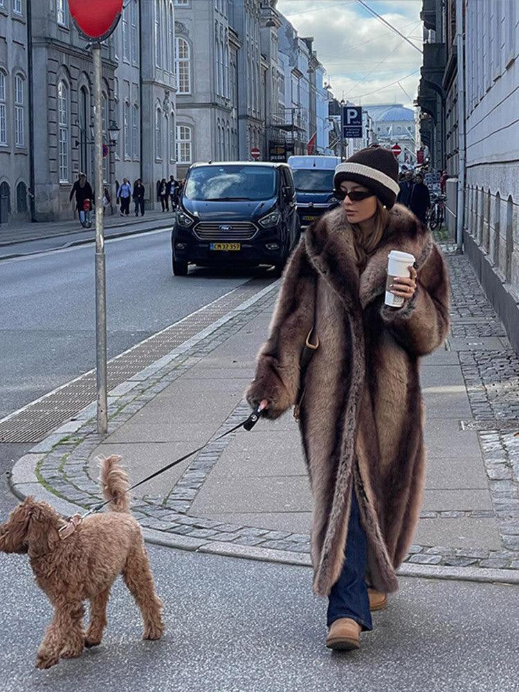 Vintage-Inspired Striped Faux Fur Long Coat - TEVQA