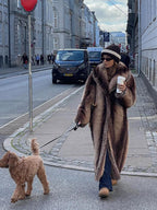 Vintage-Inspired Striped Faux Fur Long Coat - TEVQA