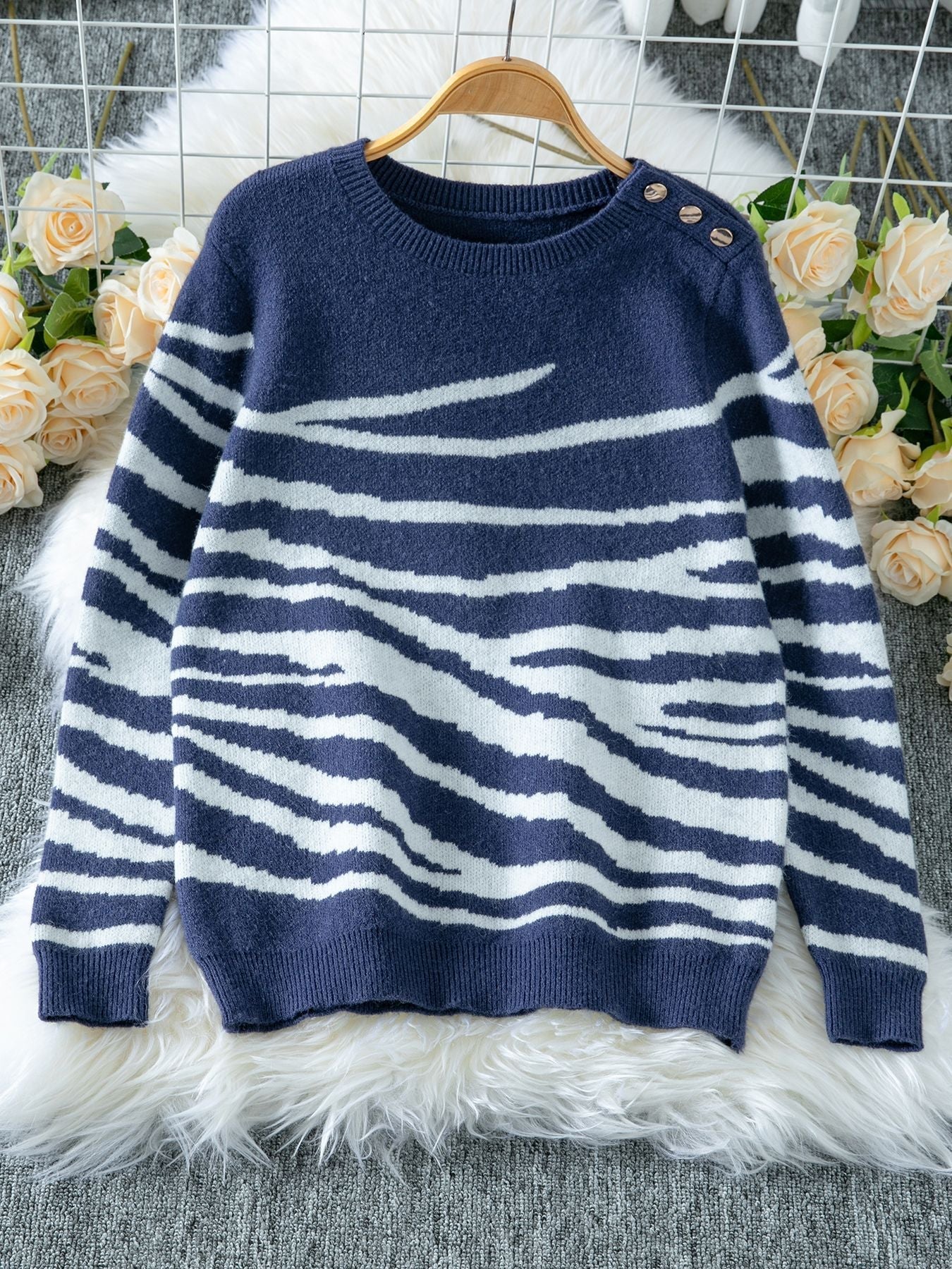 Elegant Zebra Print Crew Neck Sweater