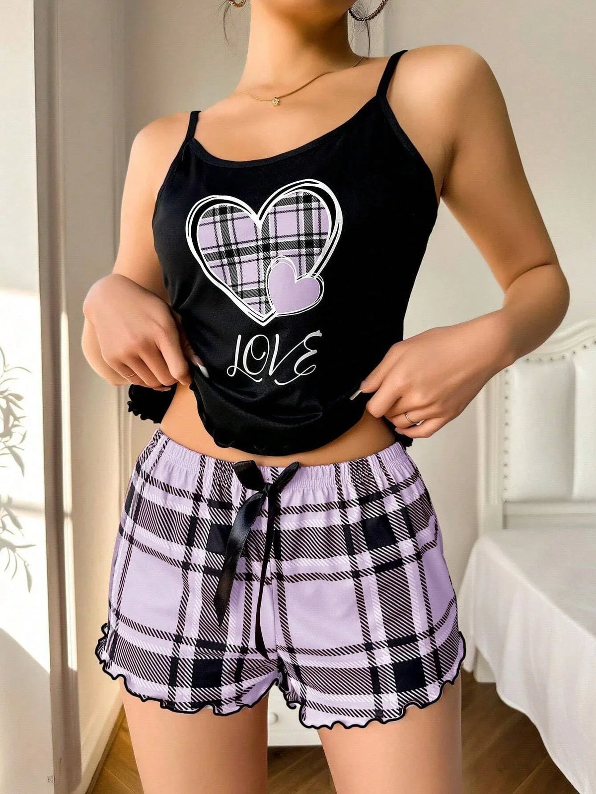 Plaid Heart Print Cami & Shorts Set - View 17 | TEVQA