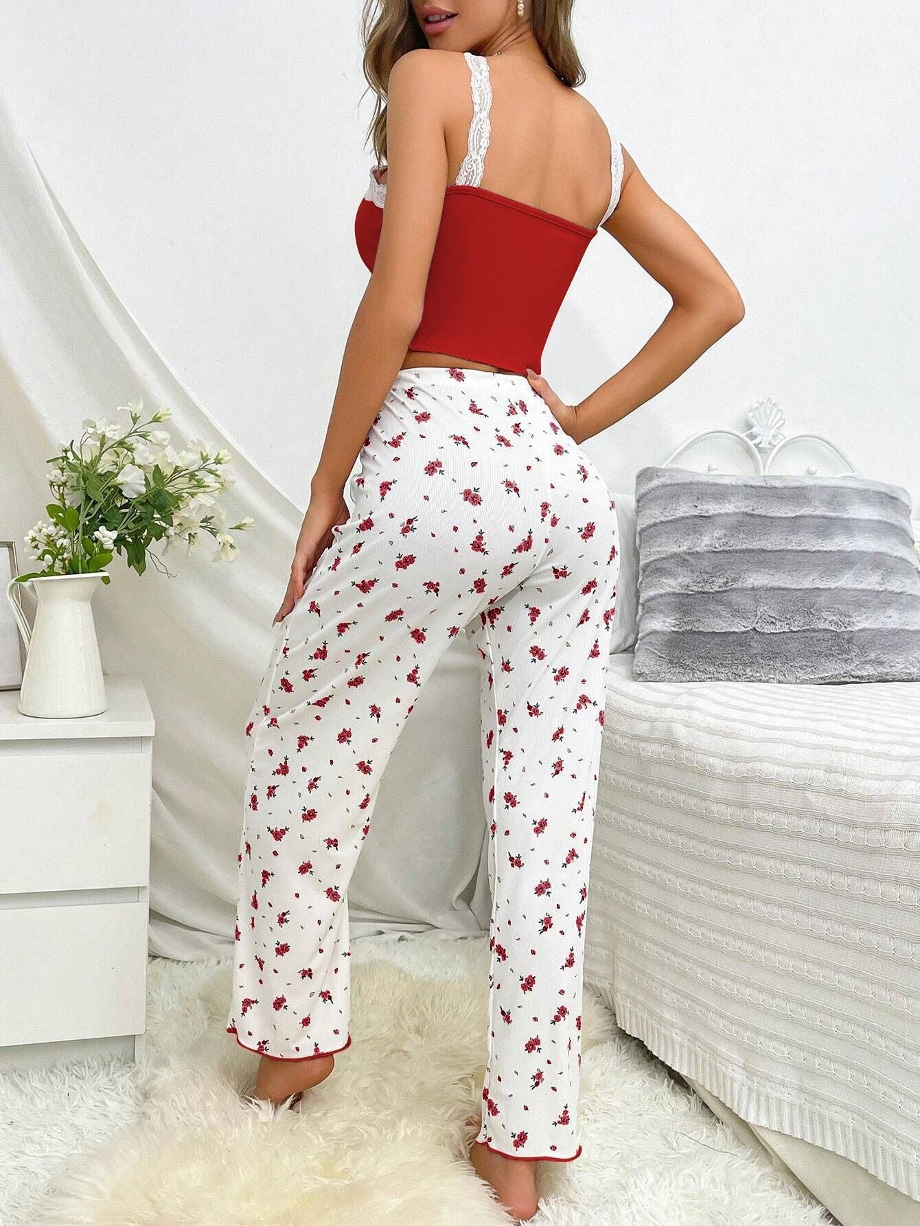 Pink Ribbed Cami & Floral Pants Pajama Set