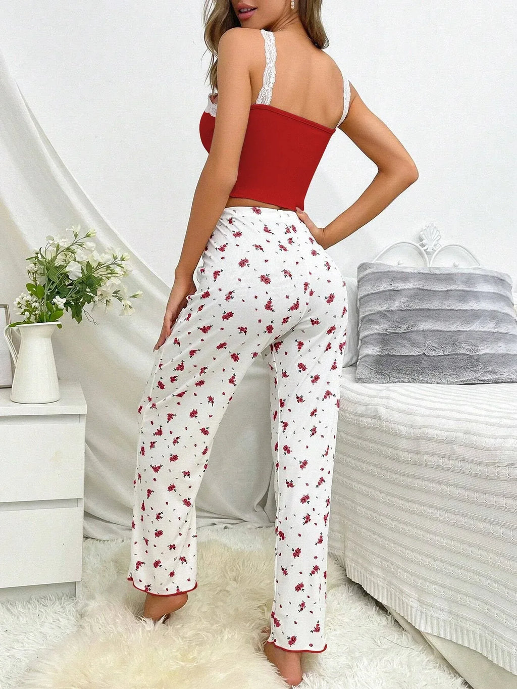 Ribbed Cami & Floral Wide Leg Pajama Set - View 8 | TEVQA