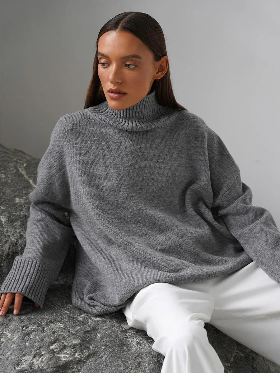 Effortless Oversized High-Neck Ribbed Knit Sweater - TEVQA