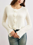 Close-up of the 3D flower buttons on a white knit cardigan.