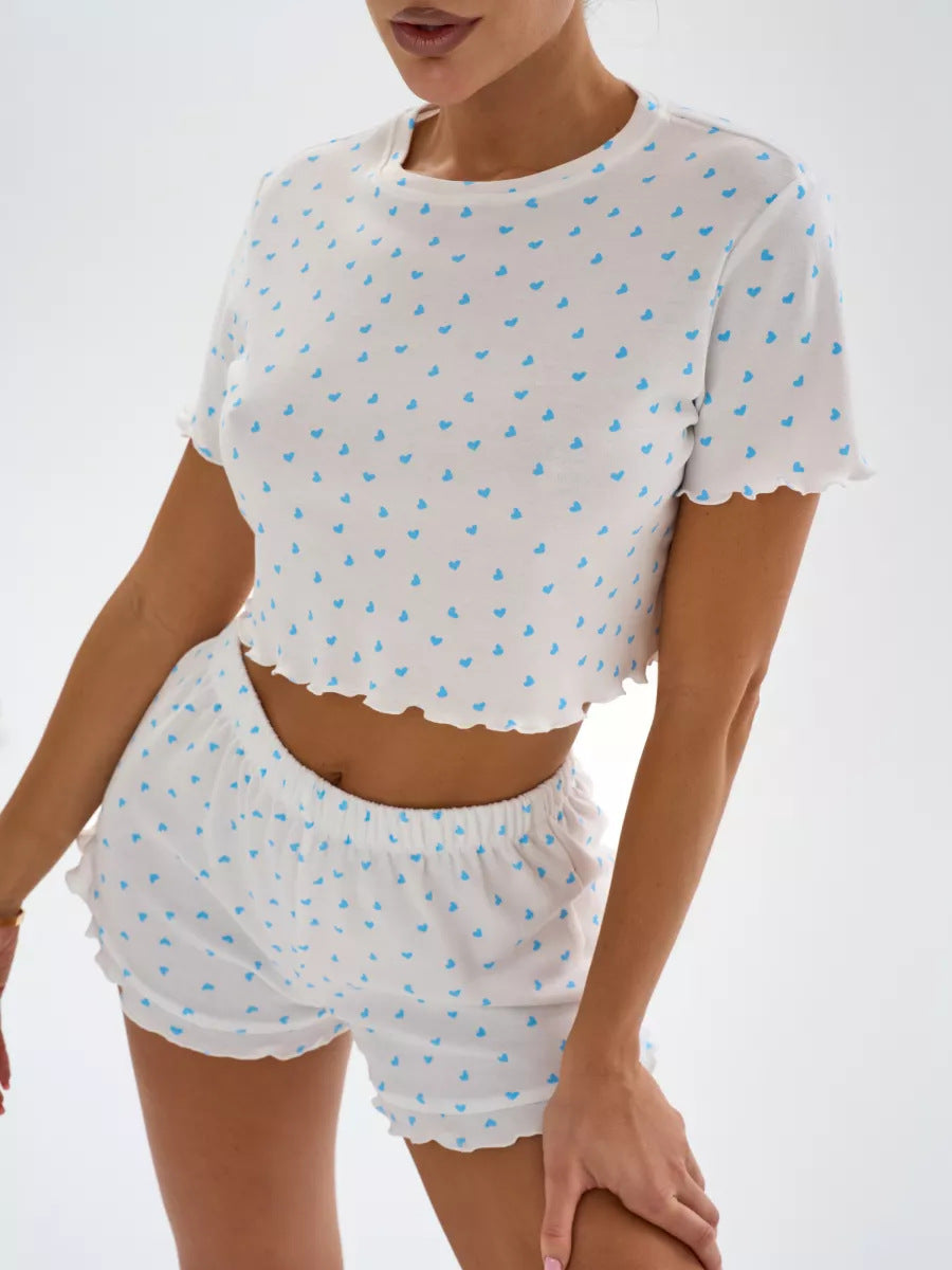 Ditsy Heart Print Ribbed Tee & Shorts Set