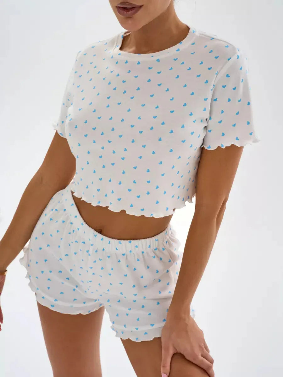 Ditsy Heart Print Ribbed Tee & Shorts Set - View 23 | TEVQA
