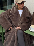 Luxurious Chocolate Brown Plush Faux Fur Maxi Coat - View 7 | TEVQA