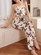 Ribbed cami and pants pajama set with butterfly print - View 25 | TEVQA